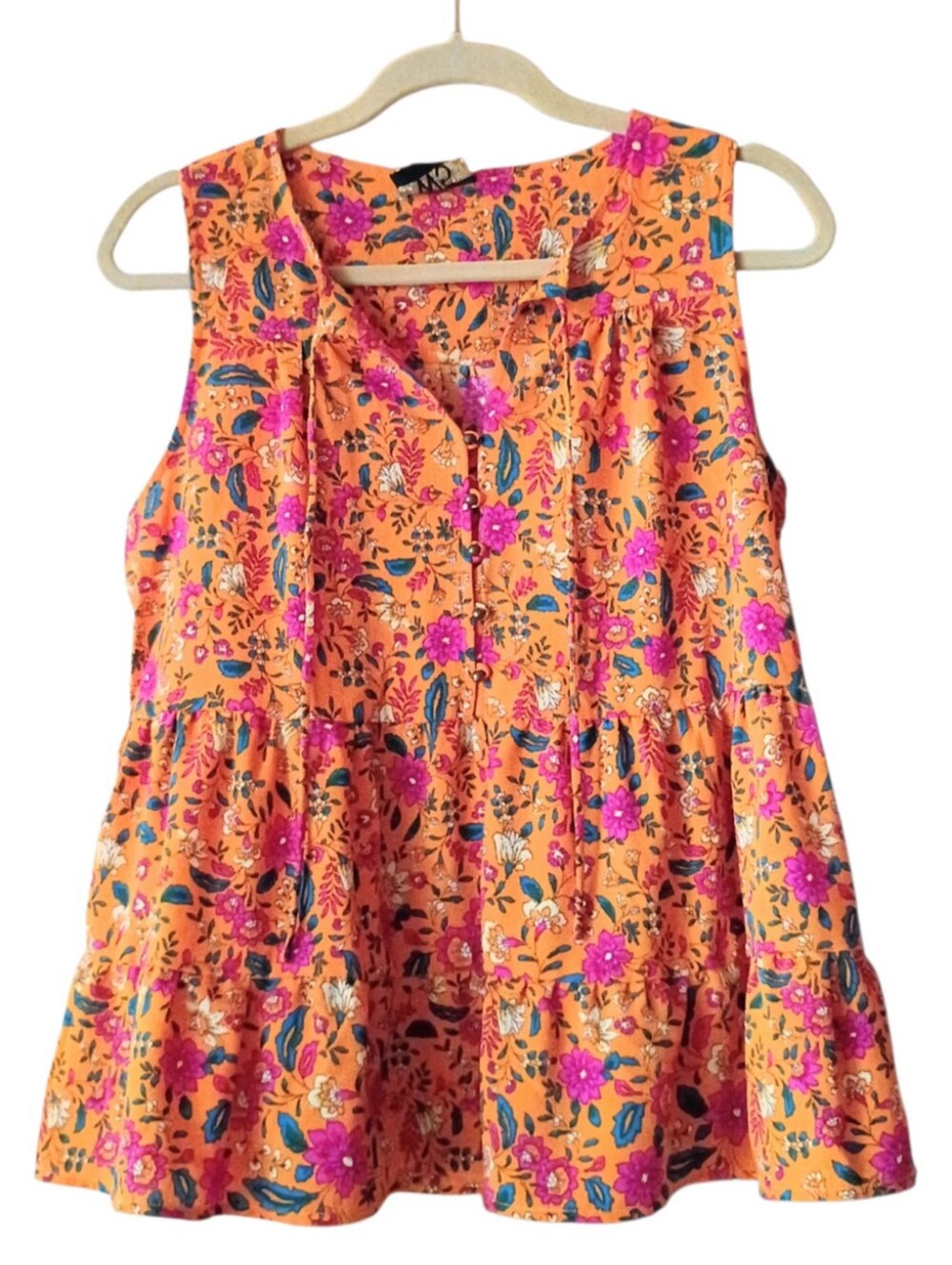 W5 Women's Top Blouse Orange Floral Sleeveless Stretch Tiered MEDIUM